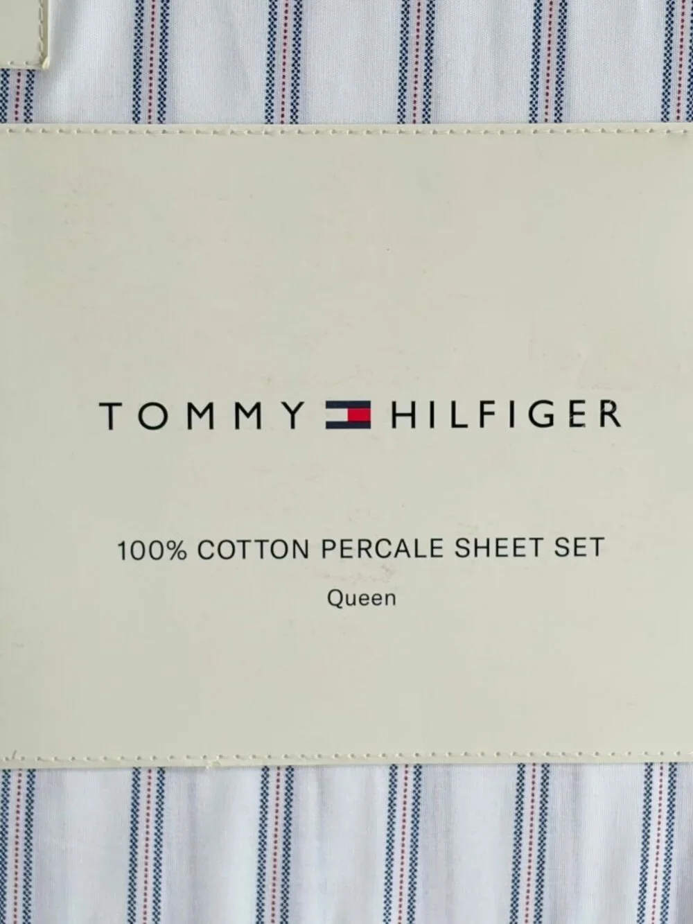 Tommy Hilfiger Queen Size Cotton Percale Sheet Set Joshua Tree Stripe Red Blue